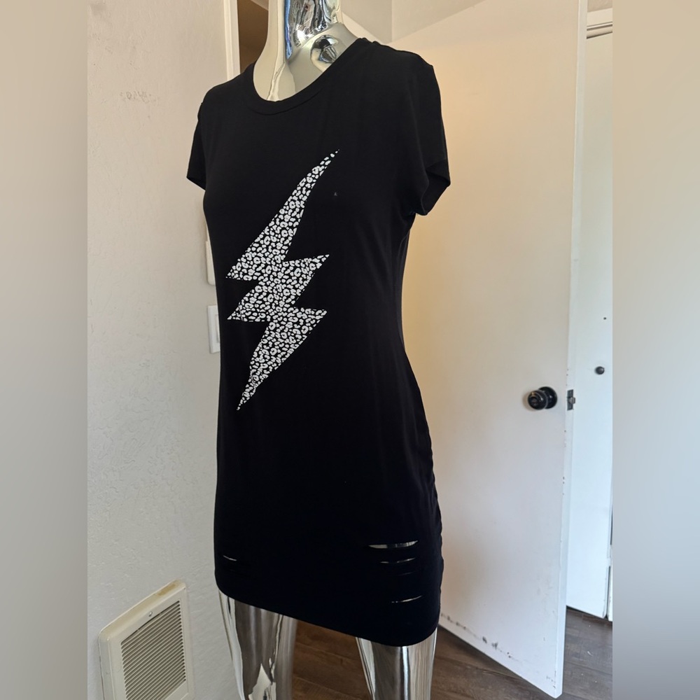 Black T-Shirt Dress with Leopard Print Lightning Bolt